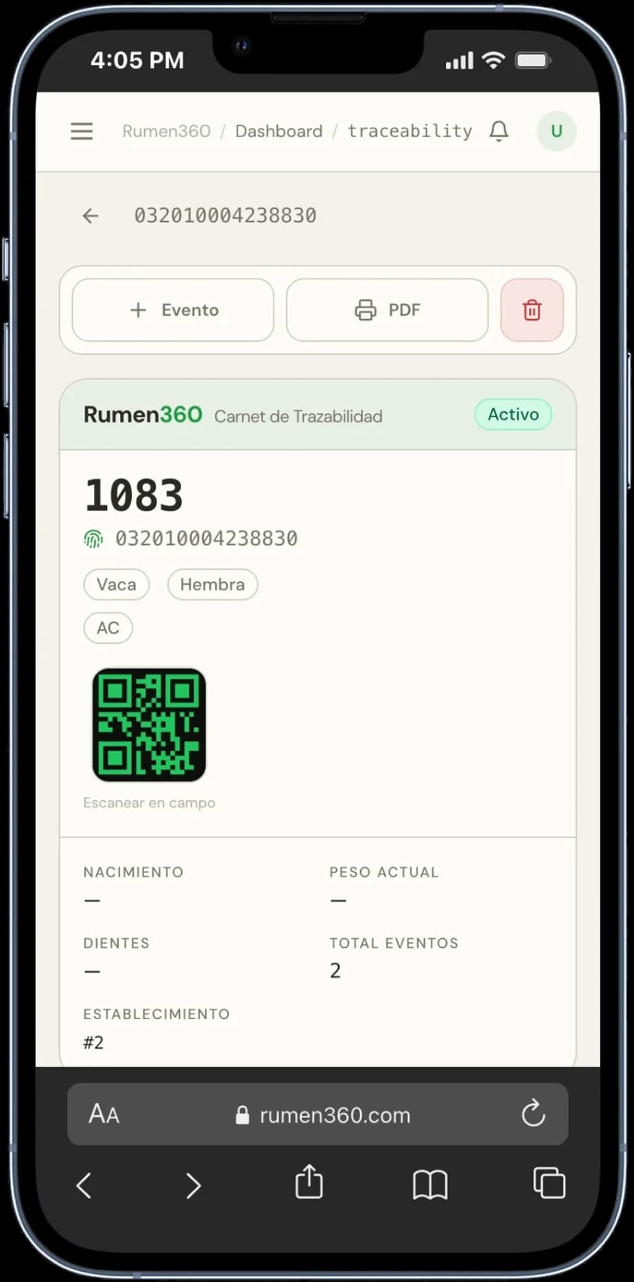 El carnet de trazabilidad del animal 1083 en Rumen360, con su caravana electrónica, su QR y su historial, visto en un teléfono